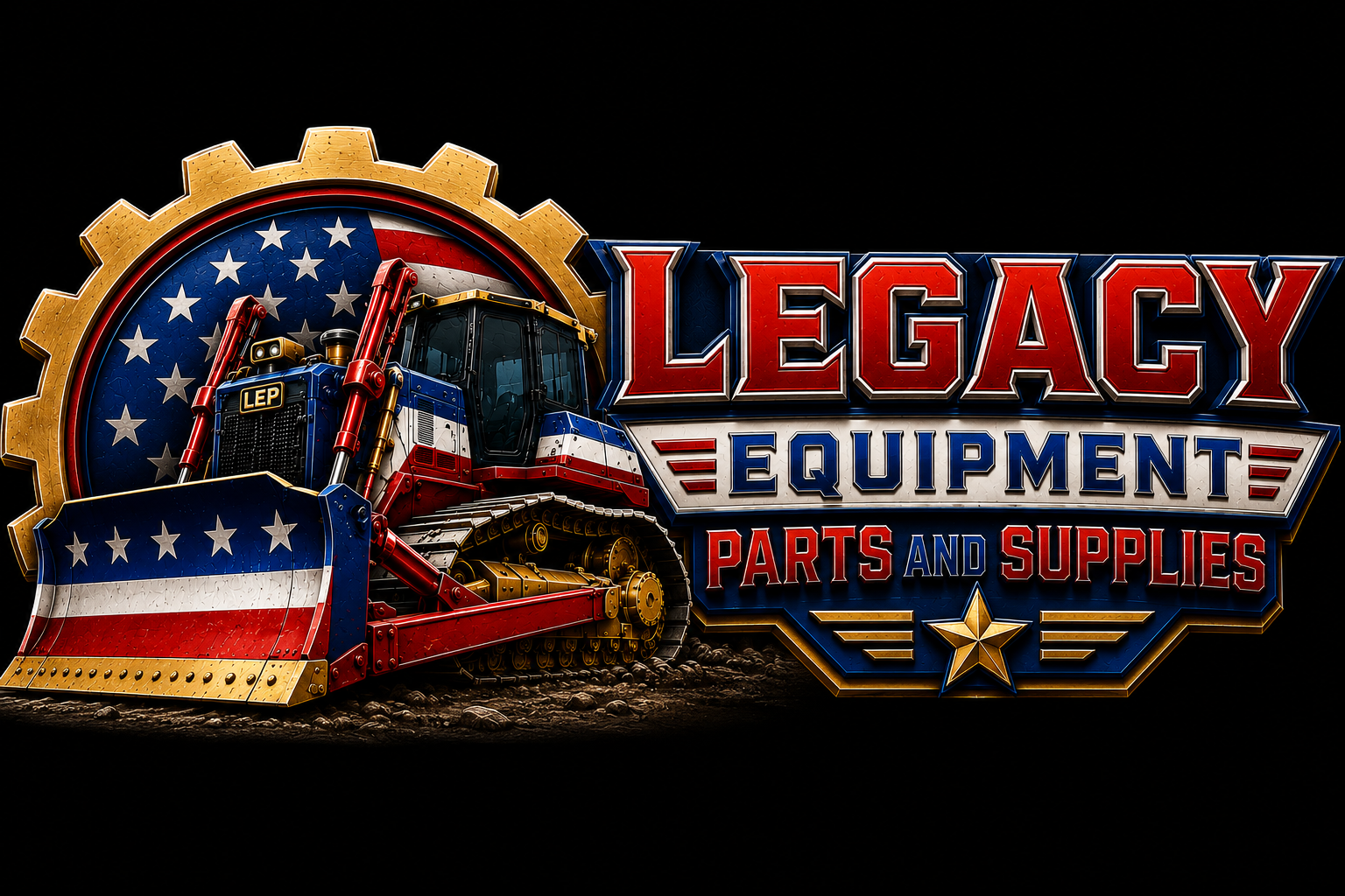 Colored logo featuring a bulldozer decorated with the American flag, gold gear outline, and text reading "Legacy Equipment Parts and Supplies" in red, blue, and white with patriotic themes.