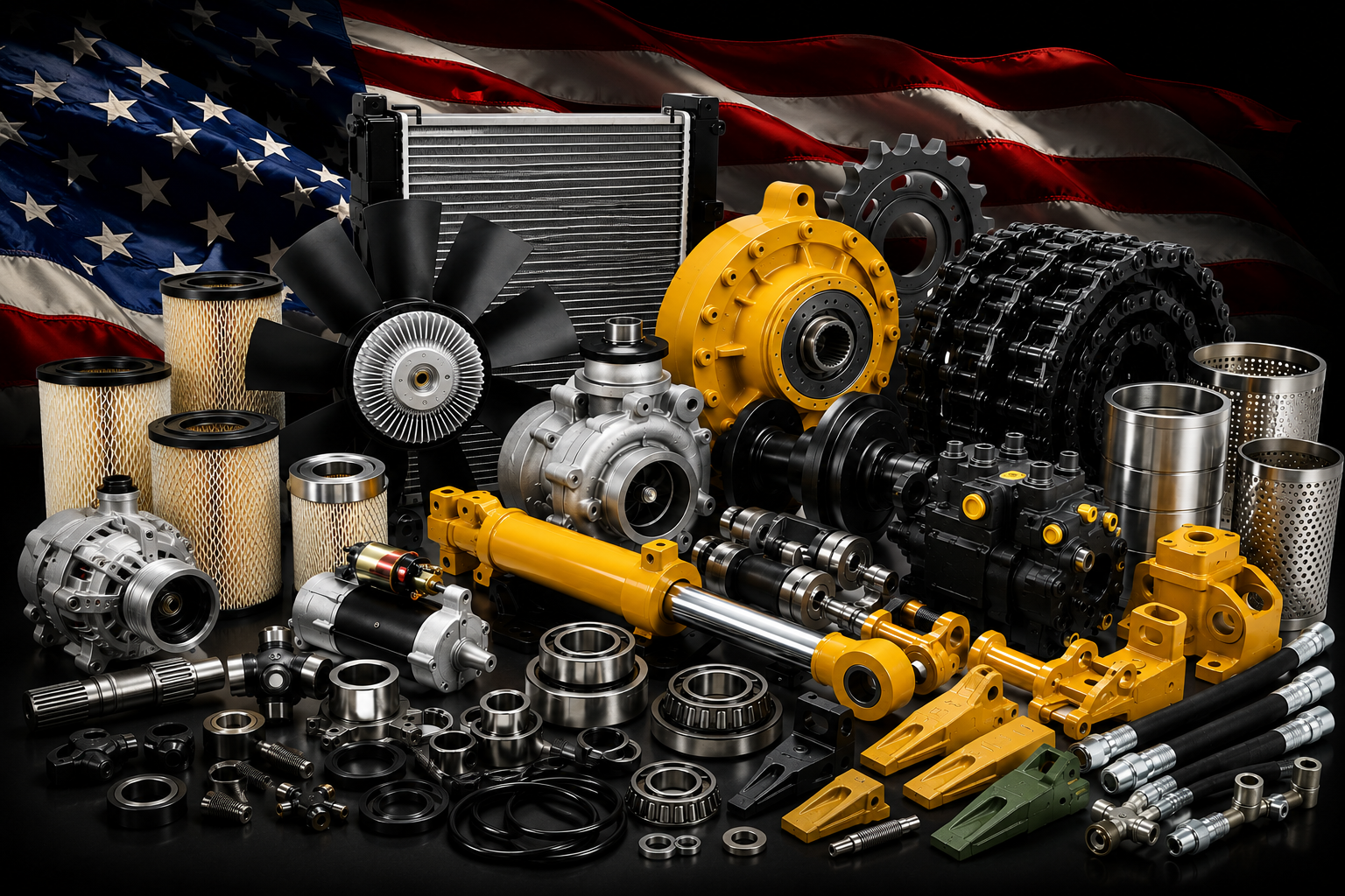 Various car parts including filters, gears, shafts, pistons, and a radiator, arranged on a black surface with an American flag in the background.