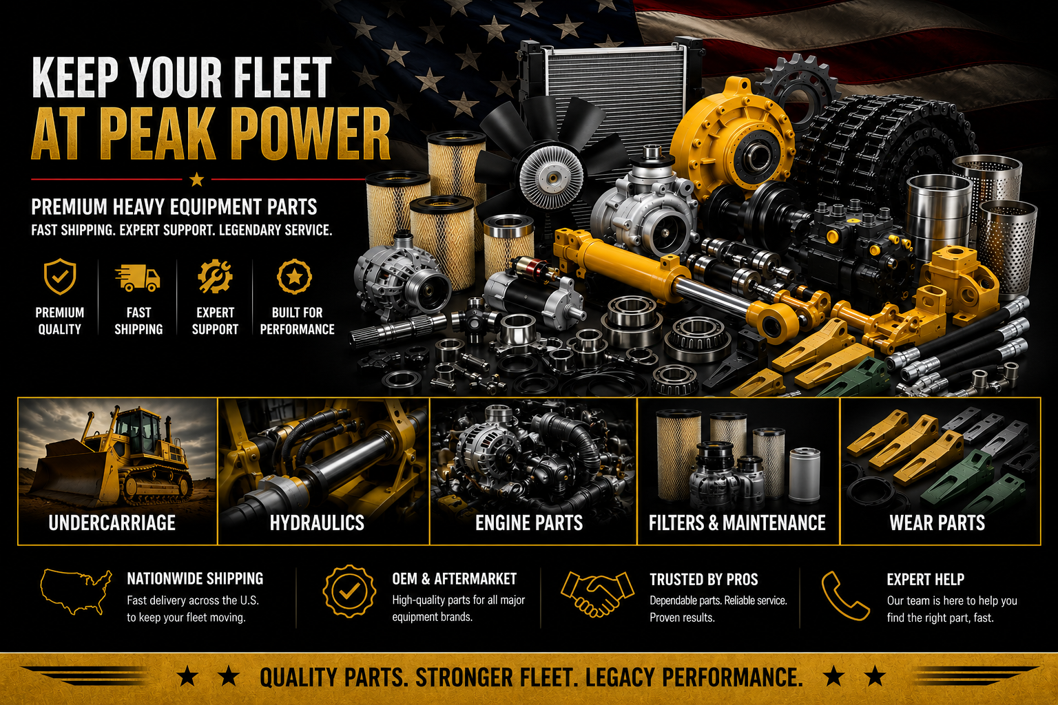 An advertisement showcasing heavy equipment parts like filters, hydraulics, engine parts, and wear parts, with a background of American flag and text emphasizing quality, shipping, support, and performance for fleet maintenance.