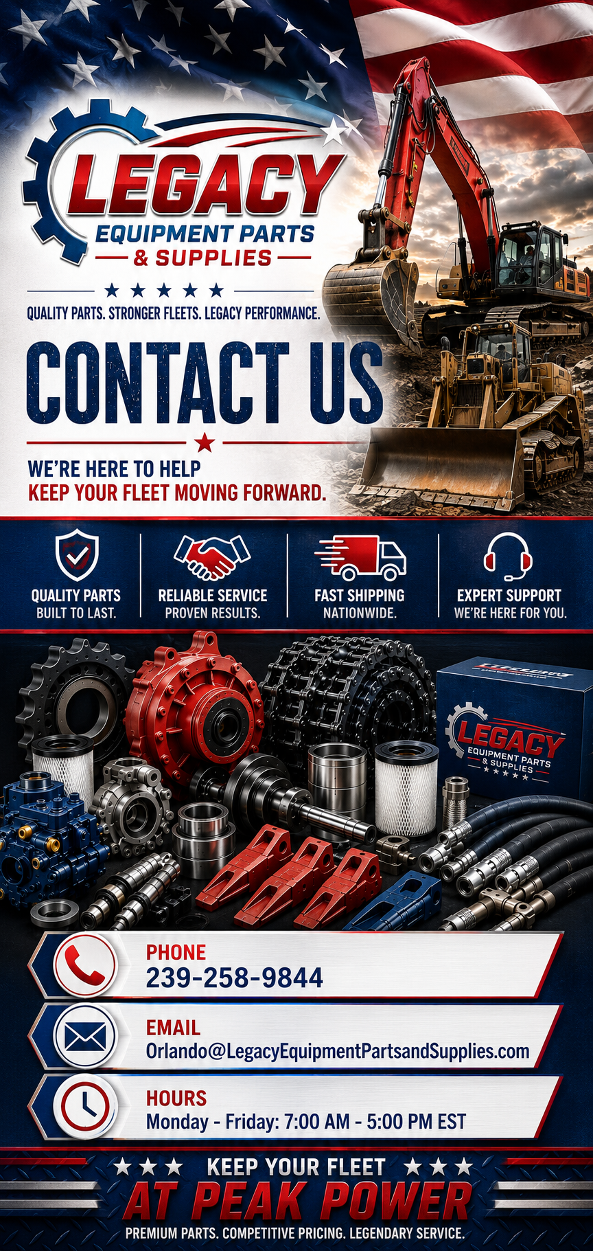 An advertisement for Legacy Equipment Parts and Supplies featuring construction machinery, tools, and parts, with an American flag in the background. Includes contact information and slogans about quality parts, reliable service, fast shipping, and expert support.