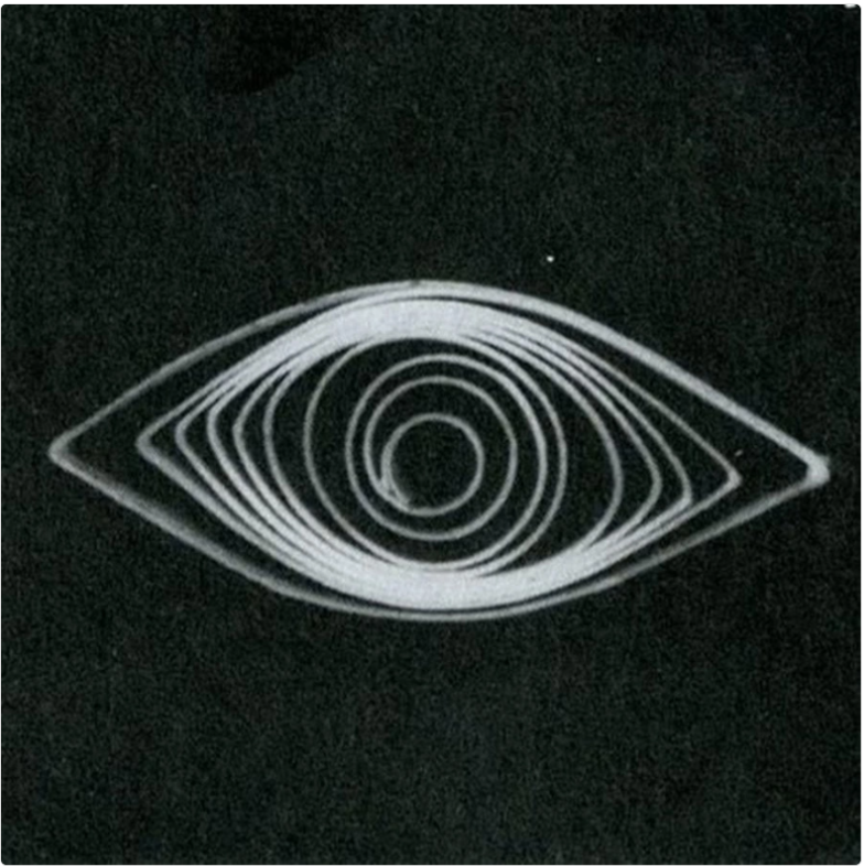 A white, spiral eye-shaped design on a black background.
