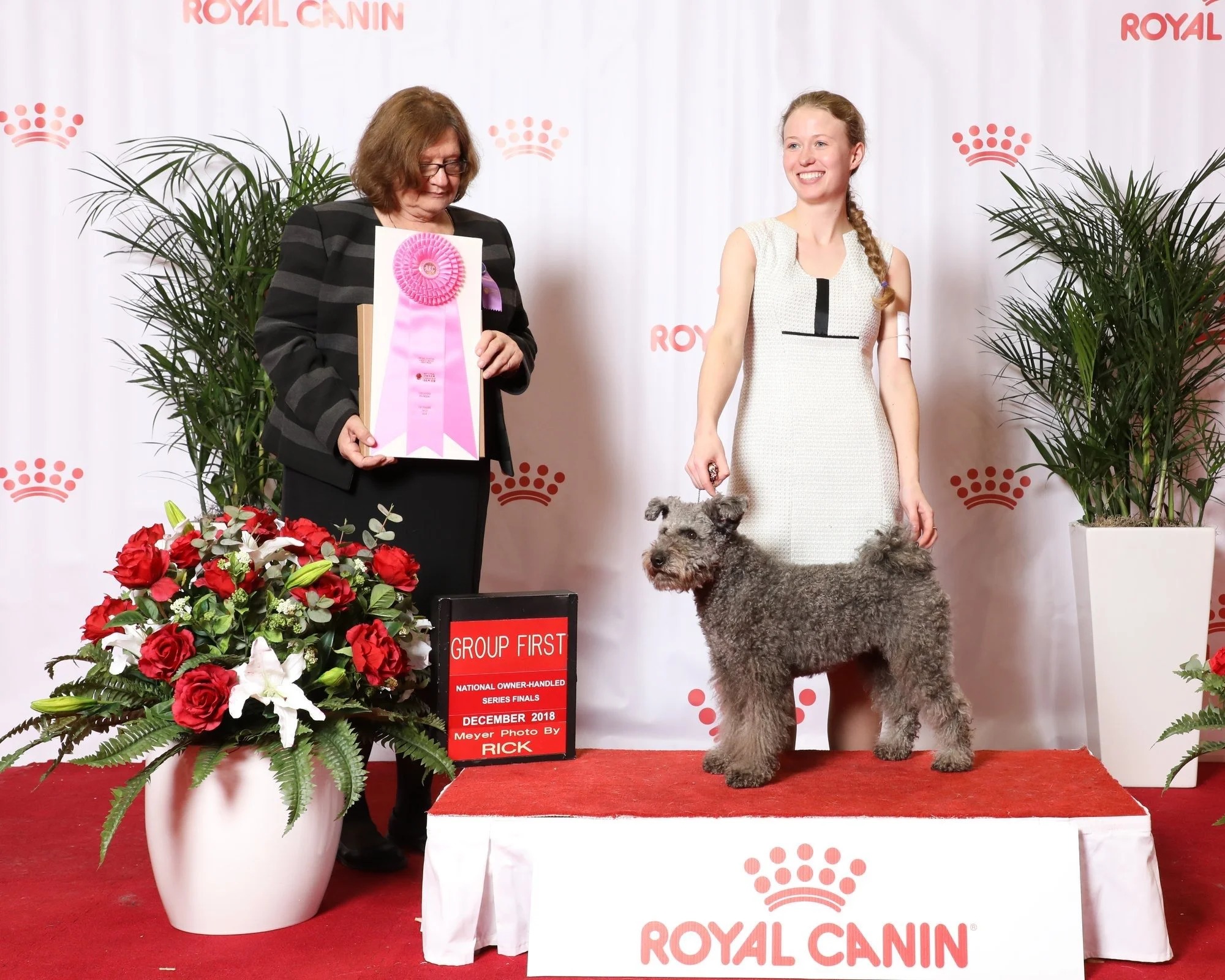A woman with glasses in a striped jacket holding a pink and purple ribbon award stands next to a young woman in a white dress with a gray Hungarian Pumi, at an event with a backdrop featuring the Royal Canin logo.
