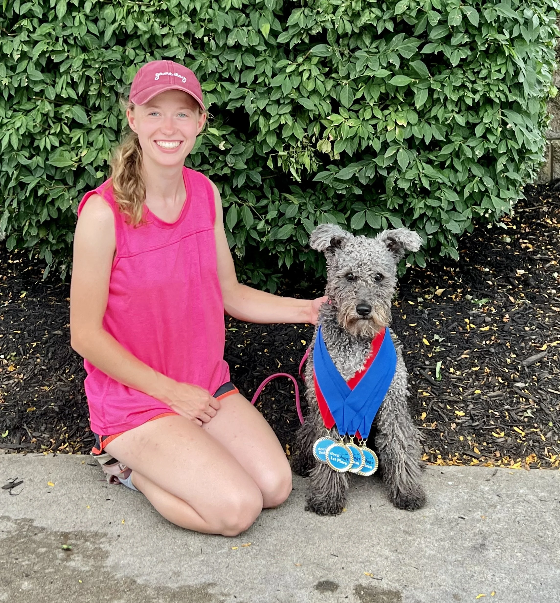 A woman with long blonde hair in a ponytail, wearing a pink tank top and a pink cap, crouching next to a small curly-haired gray Hungarian Pumi dog with medals hanging from its neck, in front of a lush green hedge.