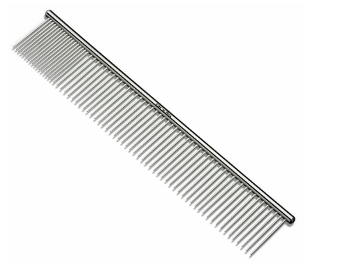 A metal grooming comb with widely spaced teeth.