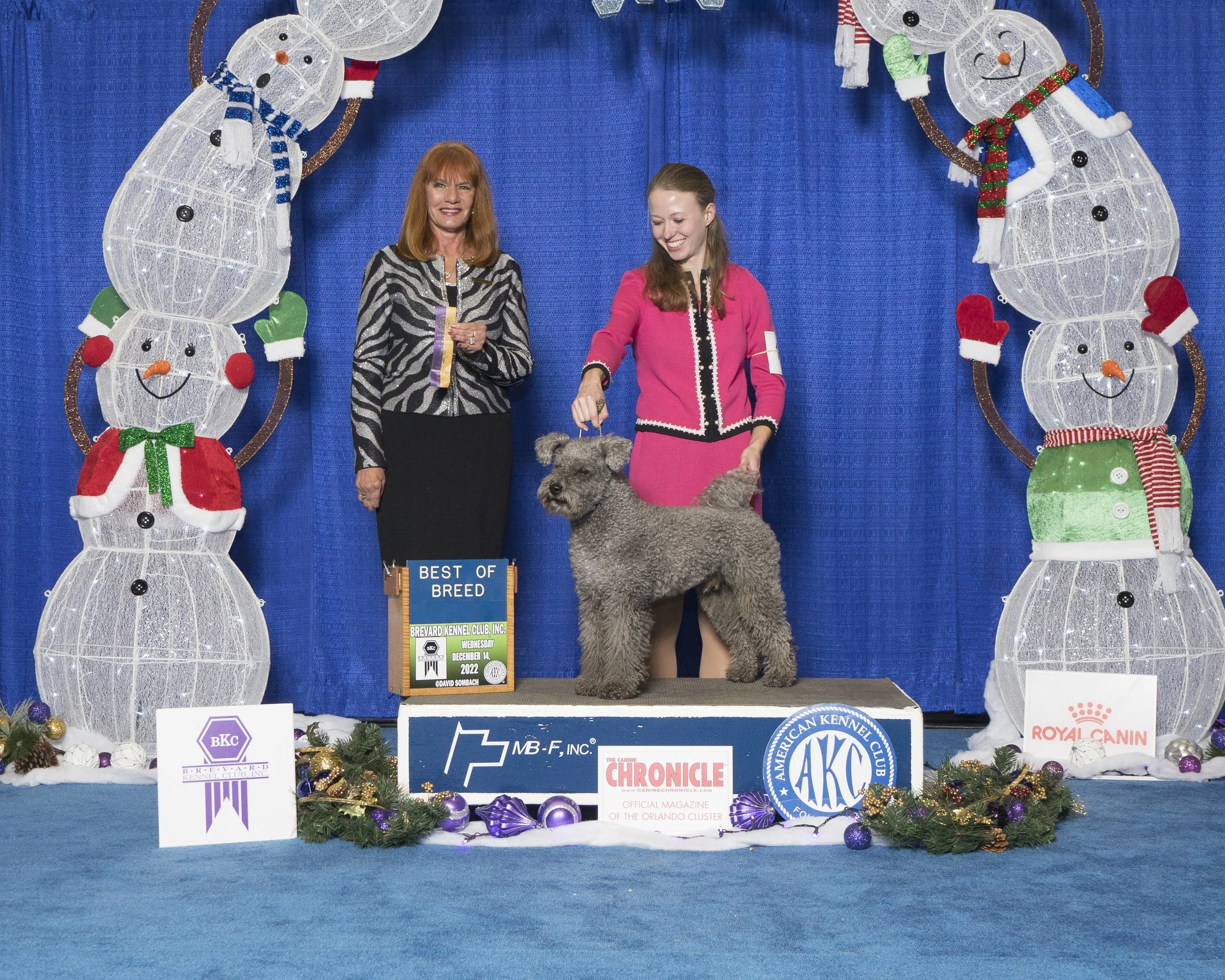 Two women, one with red hair and one with brown hair, standing on a stage decorated with Christmas-themed inflatables, greenery, and sponsor logos, posing with a gray Hungarian Pumi Show dog during a dog show event.