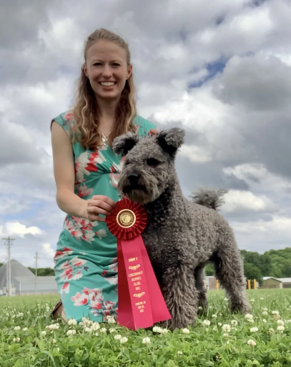 A woman in a colorful dress kneeling next to a gray Hungarian Pumi dog with curly fur on a grassy field. The dog has a red award ribbon around its neck, and the woman is smiling under a cloudy sky.