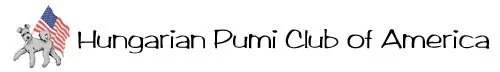 Logo of Hungarian Pumi Club of America featuring a cartoon Pumi dog with an American flag, and the text 'Hungarian Pumi Club of America'.