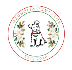Logo of Magnolia Pumi Club featuring a pumi dog in the center with floral accents, established in 2020.