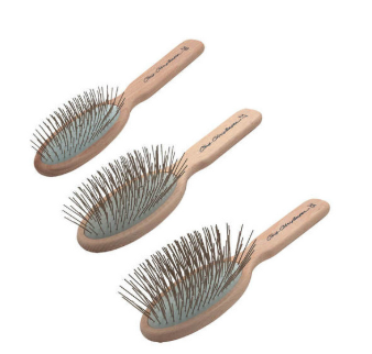 Three hairbrushes with wooden handles and metal bristles
