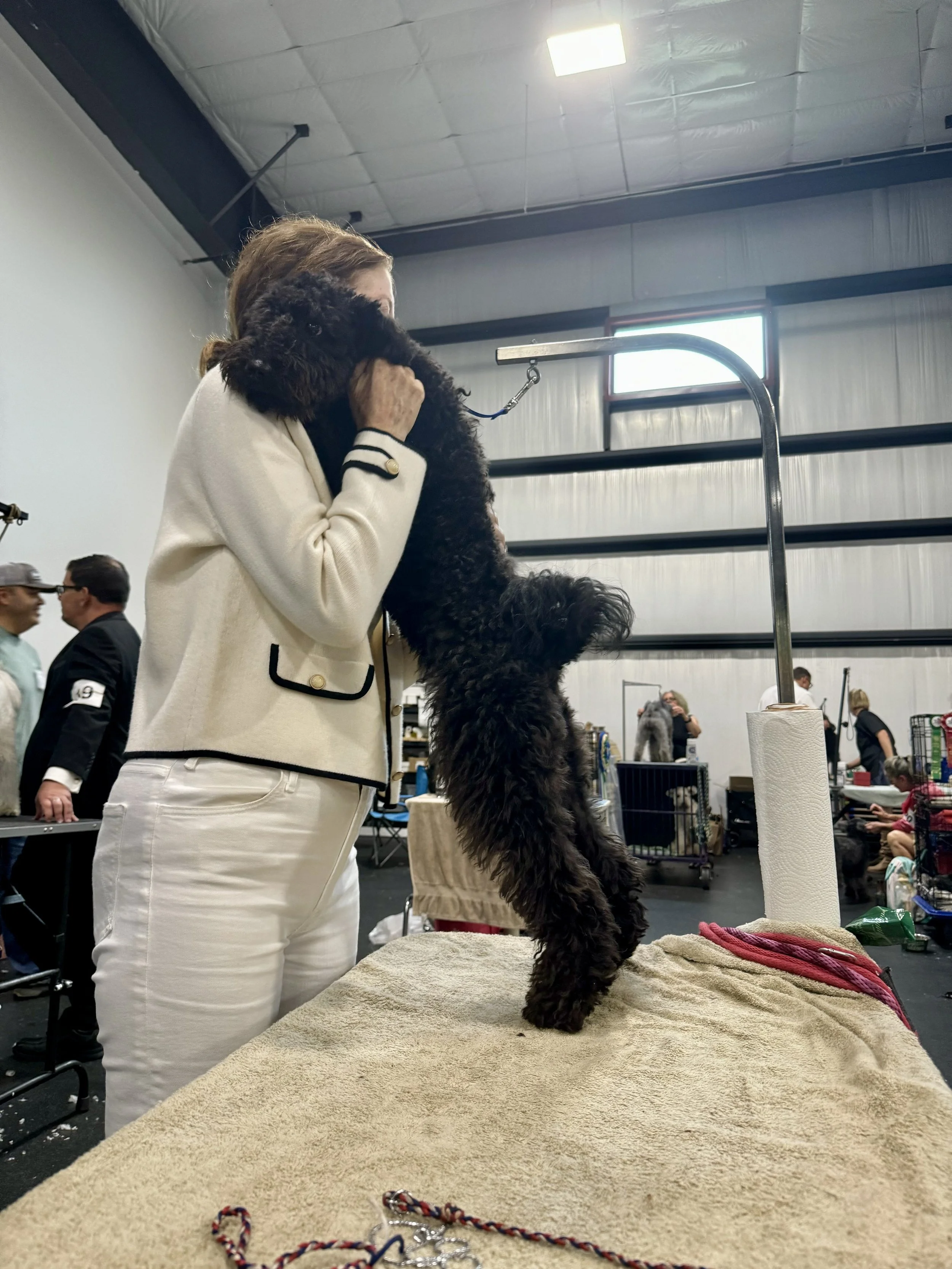 A woman in white pants and a cream-colored blazer with black trim holding a large, curly black Hungarian pumi dog on a grooming table at an indoor event. Several people are visible in the background, some talking and some observing.