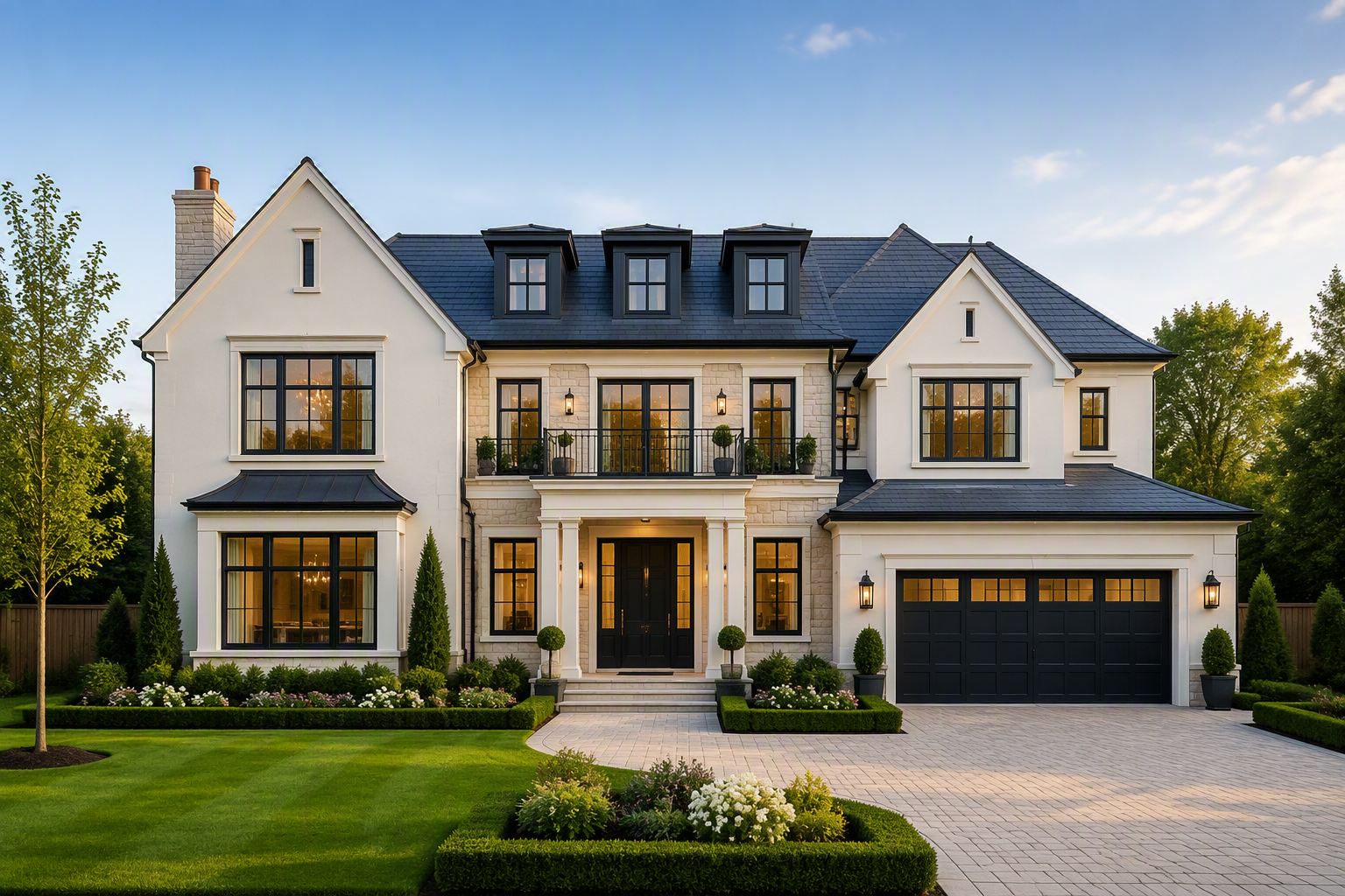 A large, modern two-story house with white exterior walls, black window frames, and a dark blue roof. The house features a front entrance with tall black double doors, a balcony above the entrance, and a attached two-car garage with black doors. The front yard has a well-manicured lawn, trimmed hedges, and flowering plants.