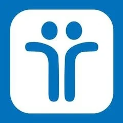 Icon featuring two stylized blue human figures with arms raised, connected at the head, on a white background within a blue square.