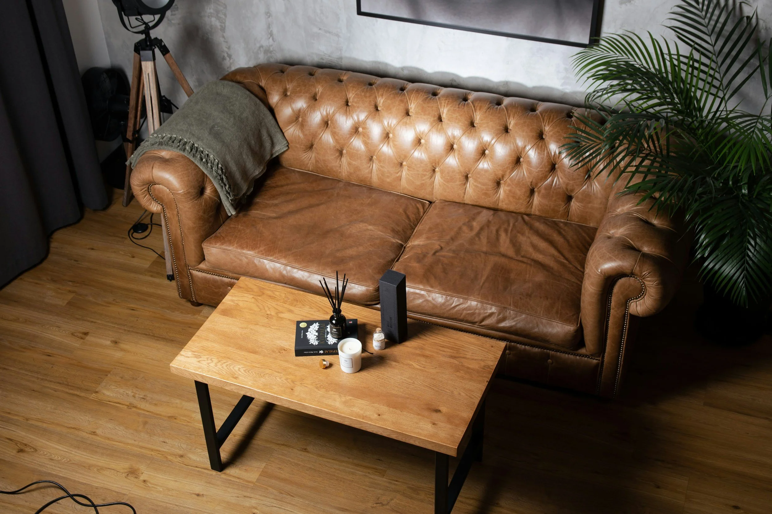 A living room corner featuring a brown leather tufted sofa with a gray blanket and pillows, a wooden coffee table with candles and decorative items, a tall tripod lamp in the corner, a potted plant with large green leaves, and part of a gray wall with a black frame above the sofa.