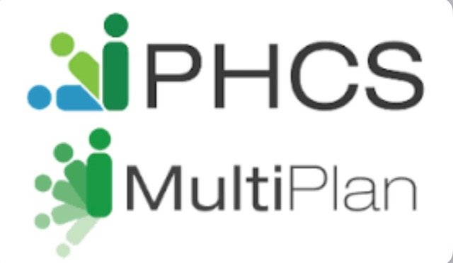 Logo of PHCS MultiPlan with stylized green and blue icons and text.