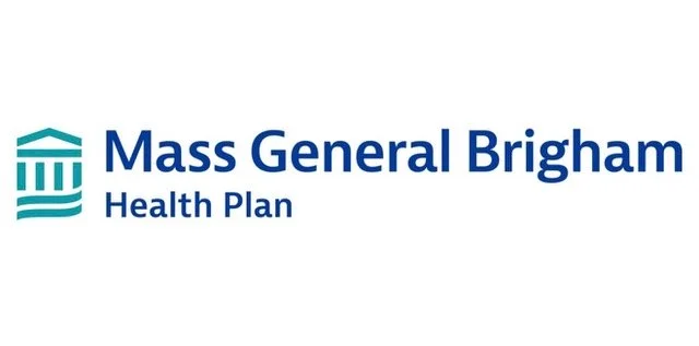 Logo for Mass General Brigham Health Plan with teal and navy blue text and icon.