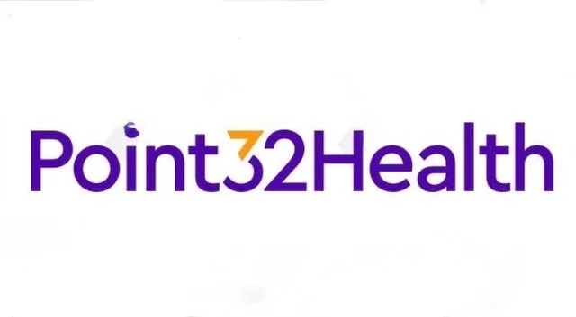 Logo for Point 32 Health with purple and orange text on a white background.