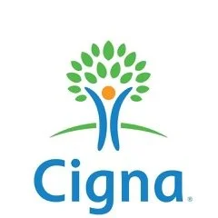 Cigna logo featuring a stylized tree with green leaves and an orange figure emerging from its trunk, with the company name in blue underneath.