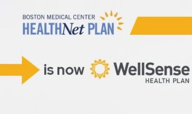 Announcement of Boston Medical Center's HealthNet Plan rebranding to WellSense Health Plan with logos and an arrow indicating transition.