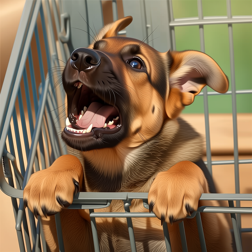 A brown and black dog with a happy expression inside a metal cage, looking up with its mouth open and paws resting on the door.