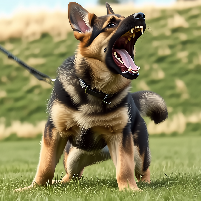 A German Shepherd dog on a leash, barking or growling aggressively on a grassy field with trees in the background.