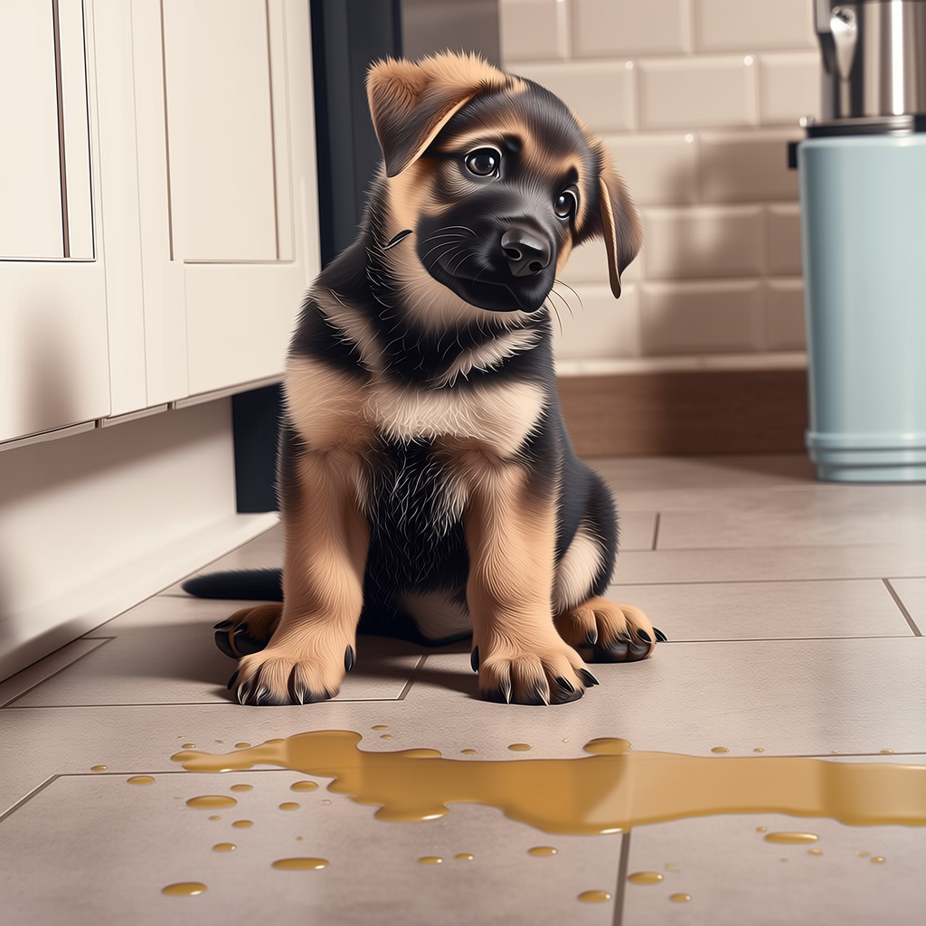 A cute puppy with black and tan fur sits on a tiled kitchen floor next to a spilled puddle of light brown liquid.