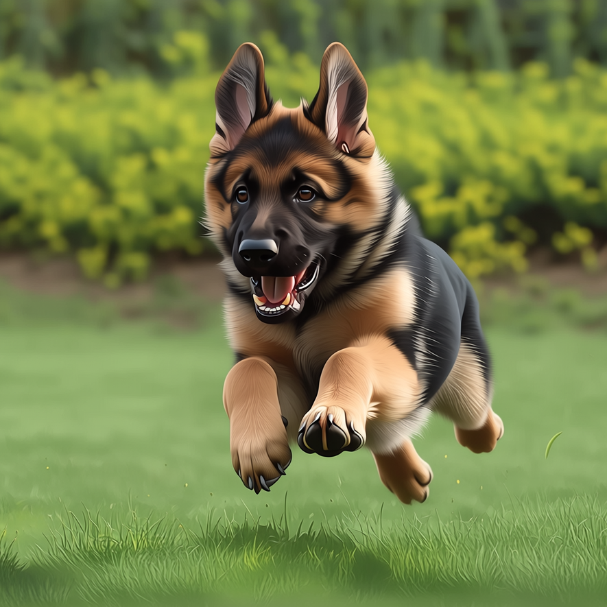 A playful German Shepherd puppy running towards the camera on a grassy field with blurred green background.