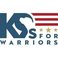 Logo for K9s Warriors with stylized handshake and red stripes resembling the American flag