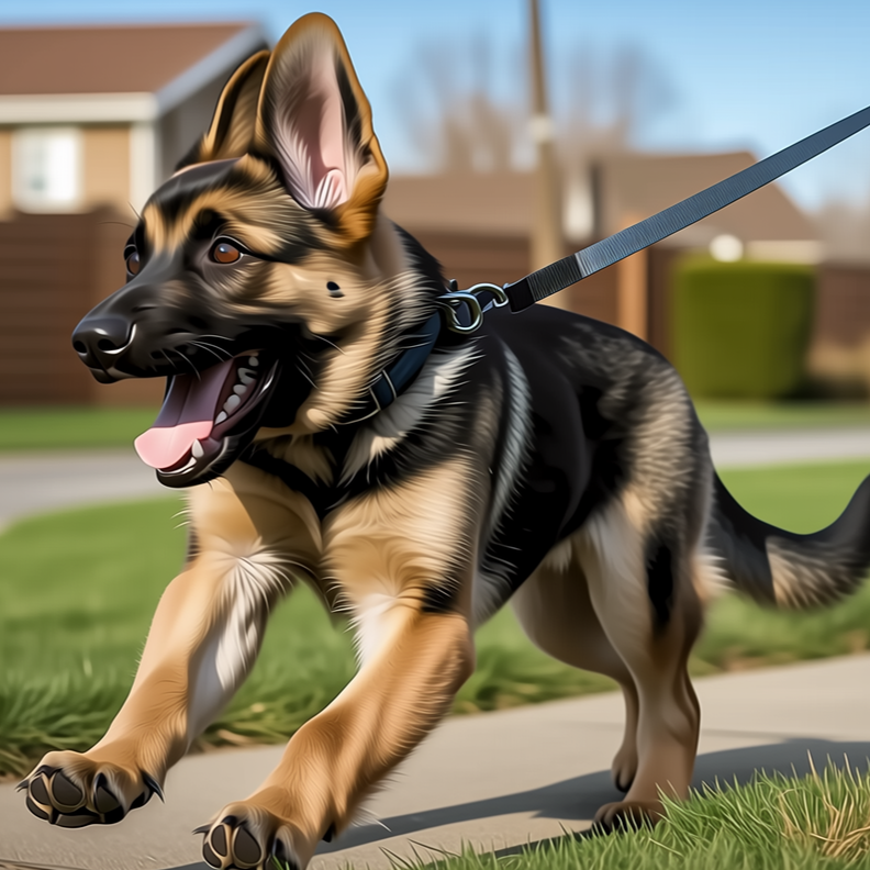 A playful German Shepherd puppy running on a sidewalk outdoors on a sunny day with houses and trees in the background.