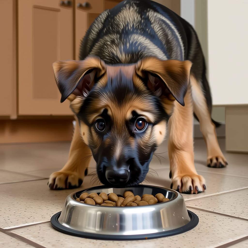 A puppy eating dry dog food from a stainless steel bowl on a tiled floor.