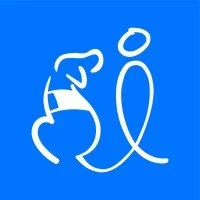 White line drawing of a person with a ponytail, talking to an outline of a large letter 'i' on a blue background.