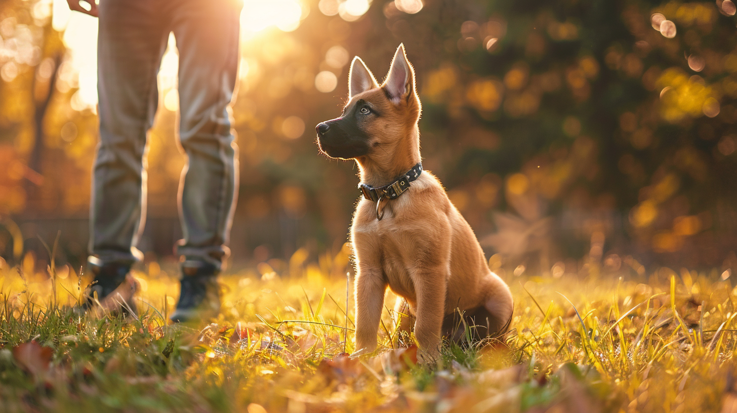 A young brown and black dog sitting on grass with fallen leaves, looking attentively at a person standing nearby during sunset in a park.