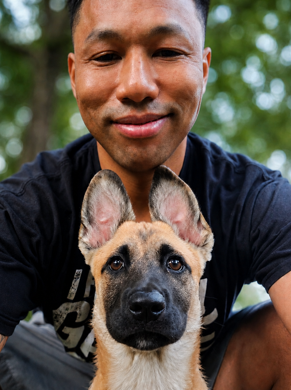A man with short black hair smiling close to the camera with a tan and black puppy with large pointed ears and dark brown eyes in front of him, set outdoors with green trees in the background.