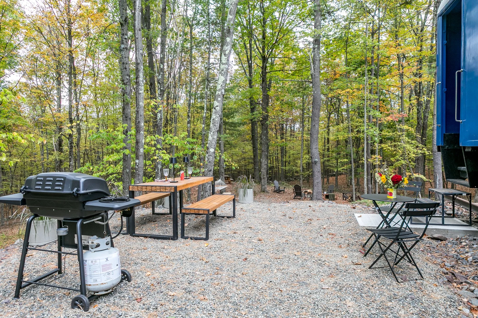 Outdoor patio area in a wooded backyard with a barbecue grill, a picnic table with wine glasses, and a black folding table with a vase of flowers, surrounded by trees with colorful autumn leaves.
