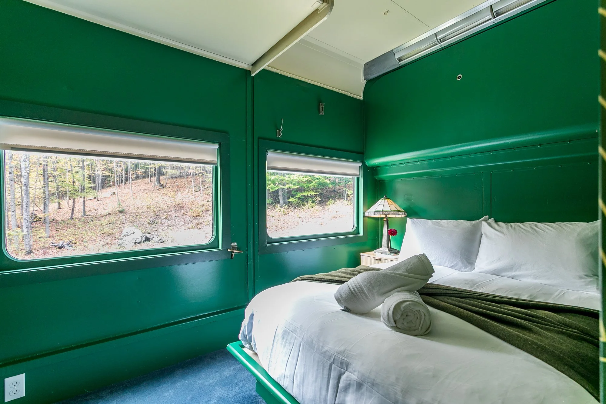 A bedroom with green walls and two large windows showing a wooded landscape outside. A full-sized bed covered in white linens sits beside small nightstand with a lamp. Not pictured are a closet and a full-length mirror.