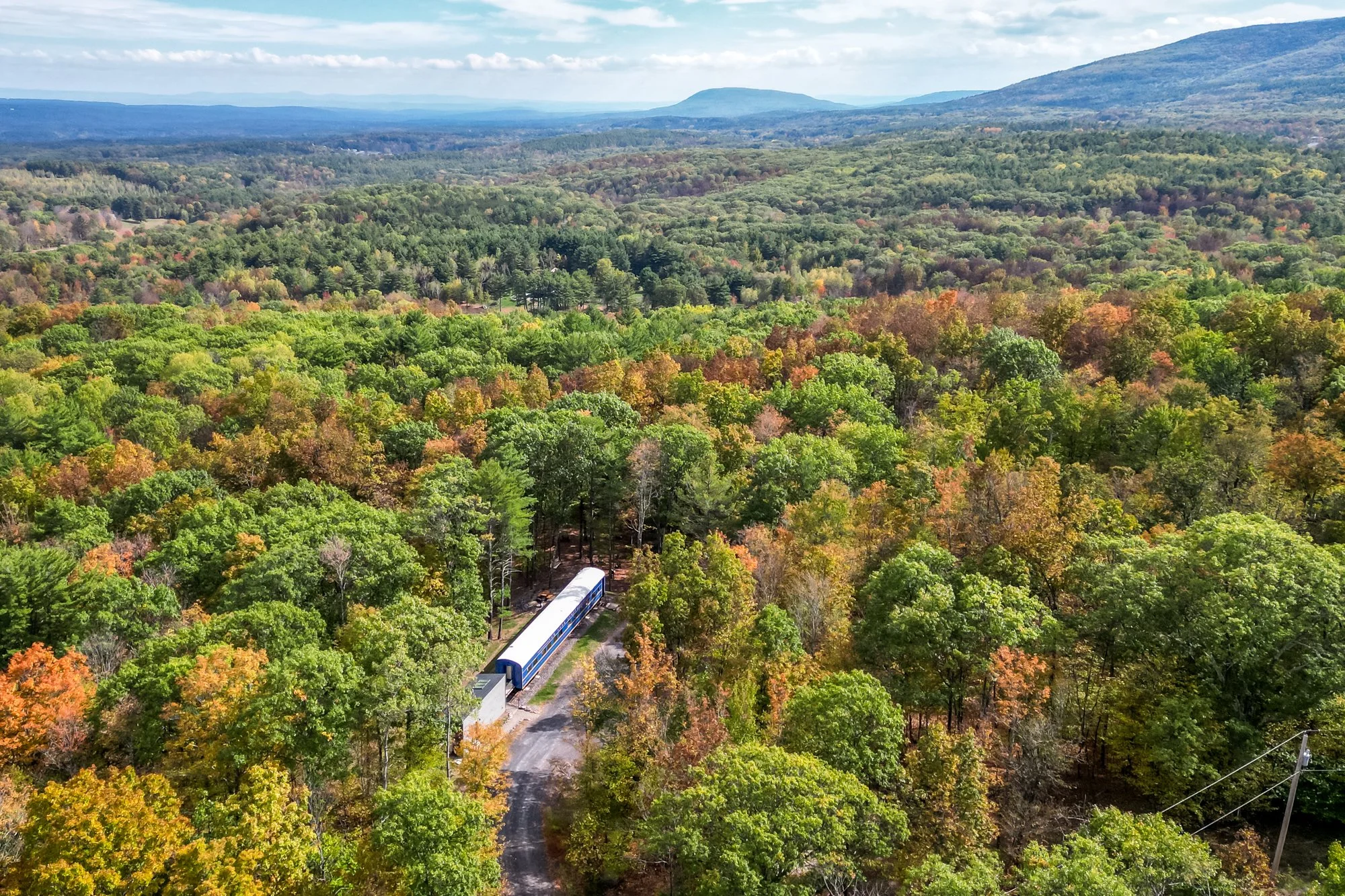 A forested landscape with a mix of green and autumn-colored trees, rolling hills in the distance, and a train on a small track near a building amidst the trees, under a partly cloudy sky.