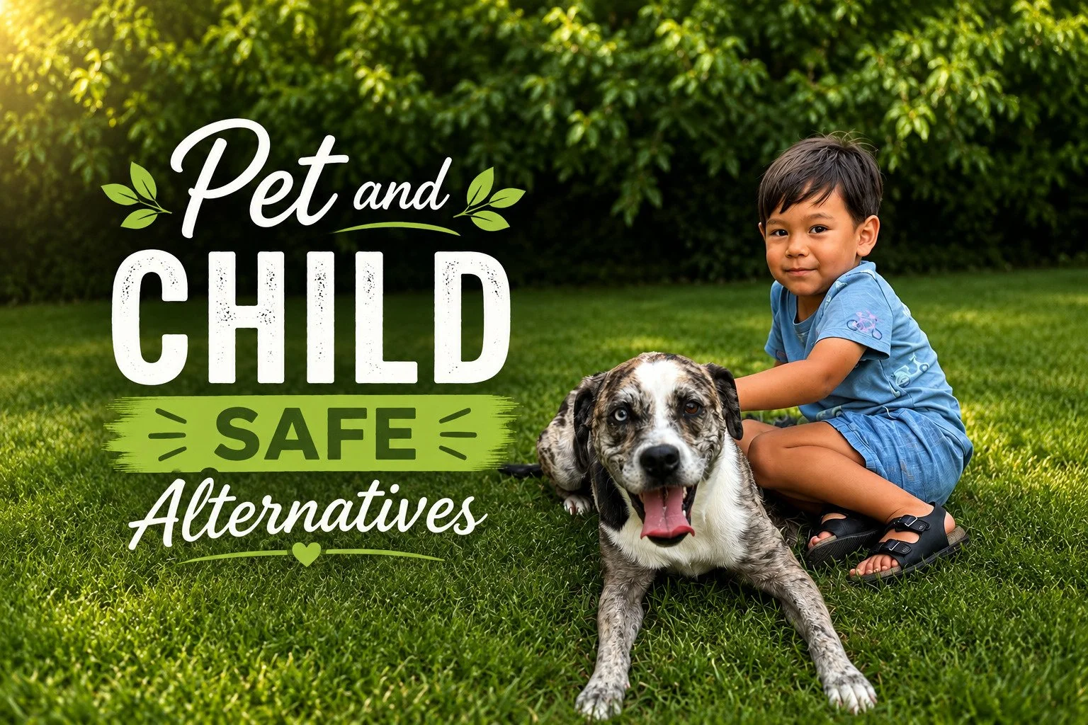 A young boy sitting on the grass next to a black and white dog with blue eyes in a yard, with green trees in the background and text overlay that reads 'Pet and Child Safe Alternatives'.
