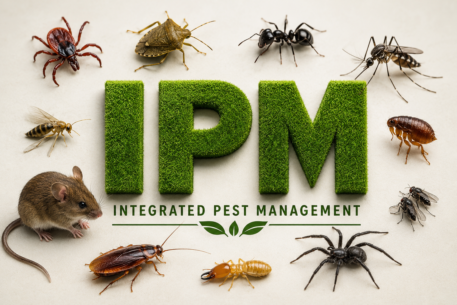 Green moss-textured letters spelling I P M with various insects and a mouse around them, promoting integrated pest management.