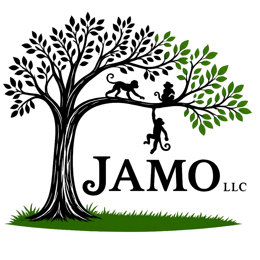 A stylized tree with white trunk and branches, green leaves, and grass at the base, with the text "JAMO LLC" faintly visible behind it.