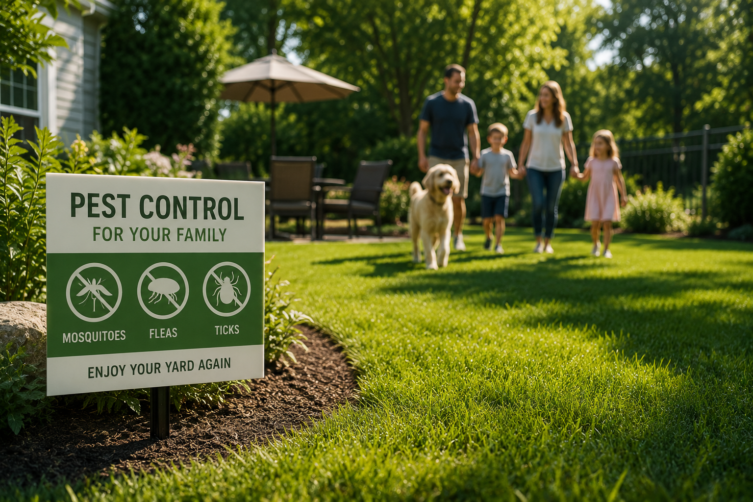 A family walking in a backyard with a dog, while a sign in the foreground indicates pest control for mosquitoes, fleas, and ticks.