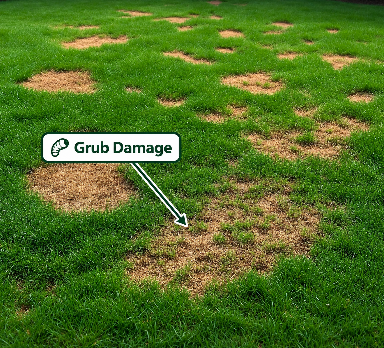 Grass lawn with patches of grub damage, indicated by sparse and brown areas.