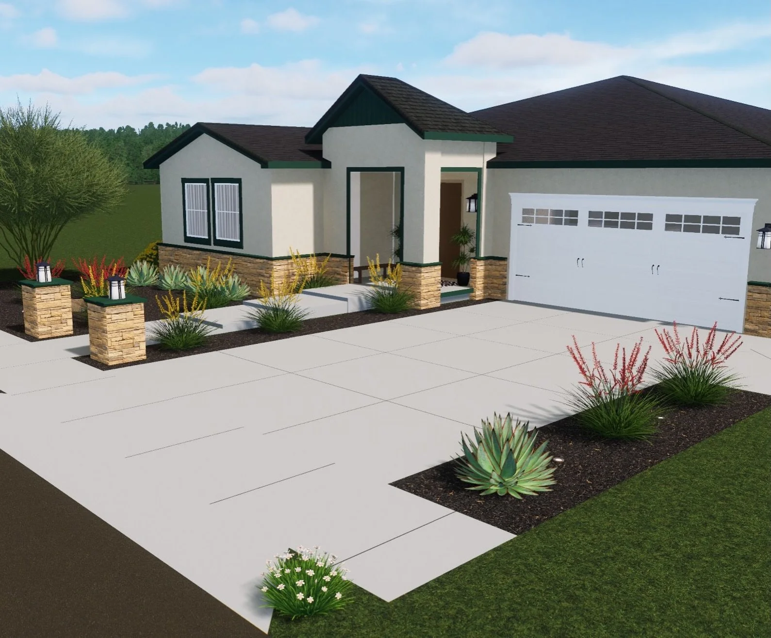 🌱 Drought-tolerant doesn&rsquo;t have to mean boring.

This design pairs sculptural plants like Blue Glow agave and Palo Verde with pops of red and yellow to create a landscape that feels clean, modern, and full of personality. 

💎 Diamond-cut conc