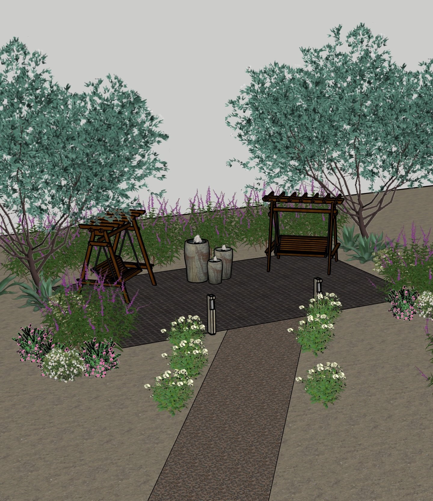 Small glimpses of a future wedding venue ✨💐

Large oak trees anchor the space, crepe myrtle  and iceberg roses for that romantic feel, myoporum geoundcover and a mix of native plants to keep maintenance at a minimum. 

#3ddesign #dreamgarden #landsc