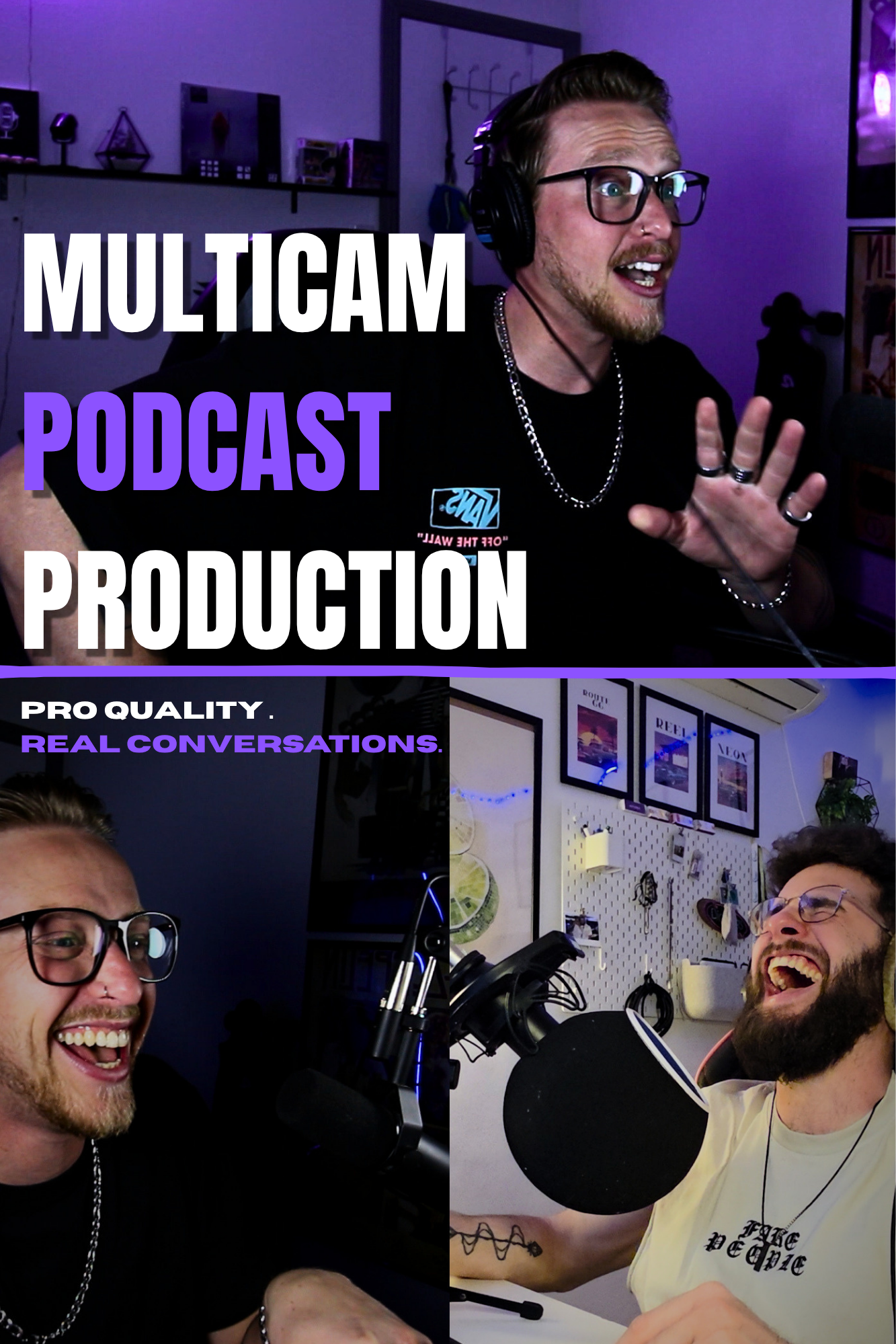 A collage showing four men with glasses and beards recording a podcast in a studio. They are speaking into microphones and appear to be laughing and talking. The studio has posters on the wall and a colorful background.