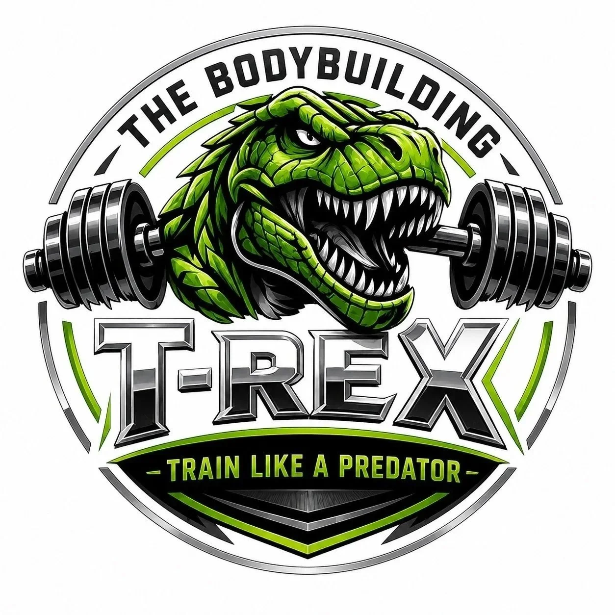 Logo for T-Rex Gym featuring a fierce green dinosaur lifting dumbbells, with the text 'The Bodybuilding' and 'Train Like a Predator'.