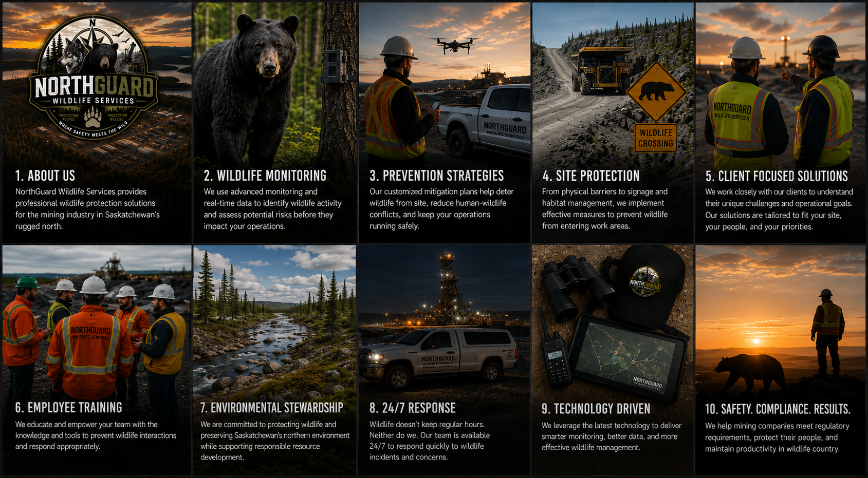 A brochure for NorthGuard Wildlife Services with sections on wildlife monitoring, prevention strategies, site protection, client solutions, employee training, environmental stewardship, 24/7 response, technology, and safety results, featuring images of wildlife, workers, and equipment.