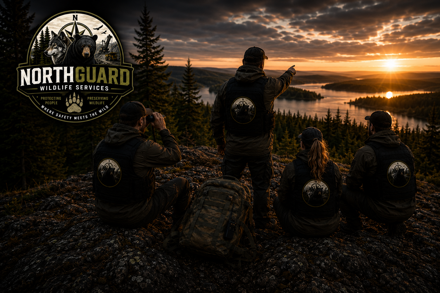 Four wildlife professionals in outdoor gear sitting and standing on a rocky hilltop watching a sunset over a river and forested landscape, with a logo for North Guard Wildlife Services featuring wolves, a bear, and a helicopter.