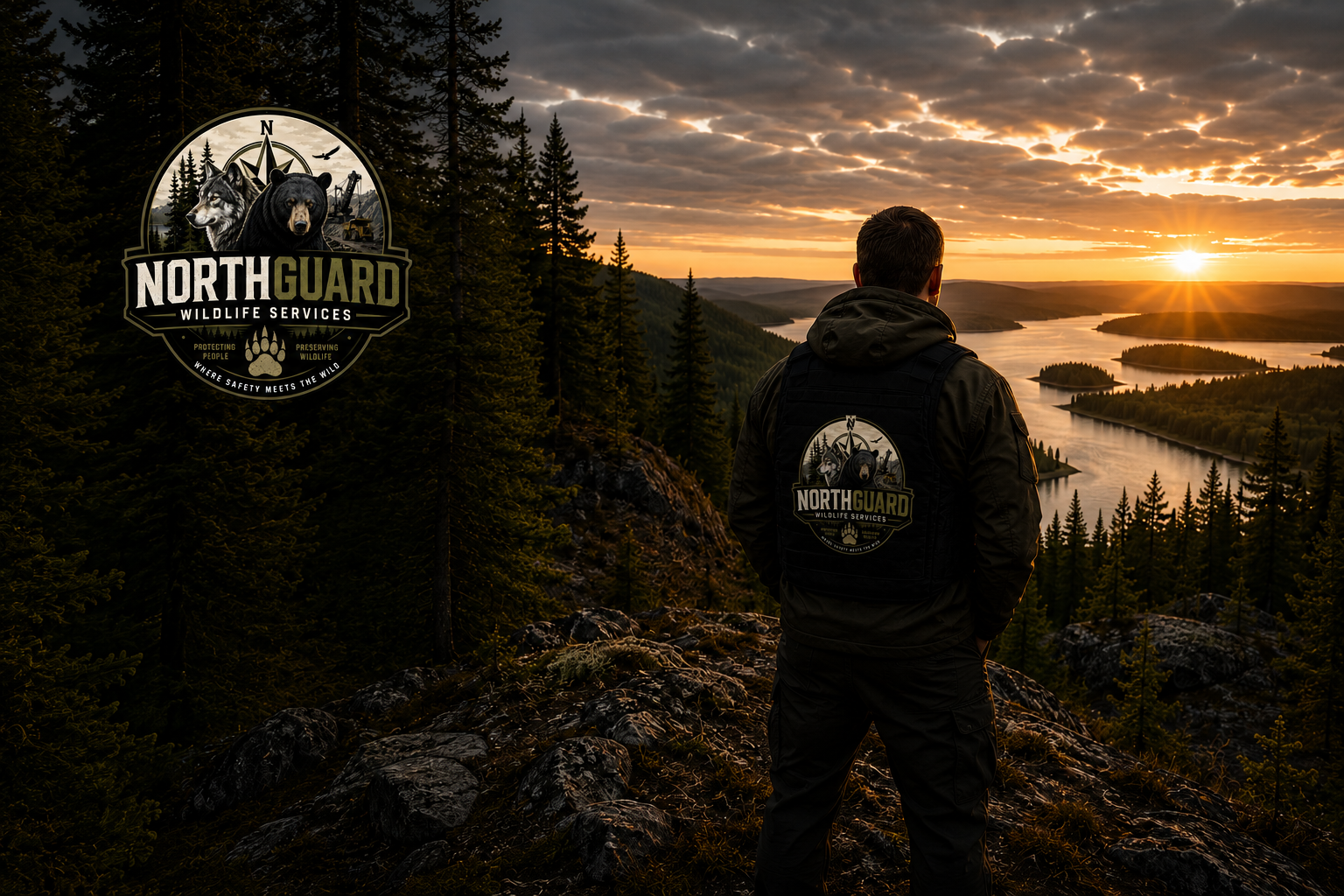 A person stands on a rocky hillside overlooking a river at sunset, wearing a jacket with the North Guard Wildlife Services logo on the back, featuring a bear, a wolf, and wilderness elements.