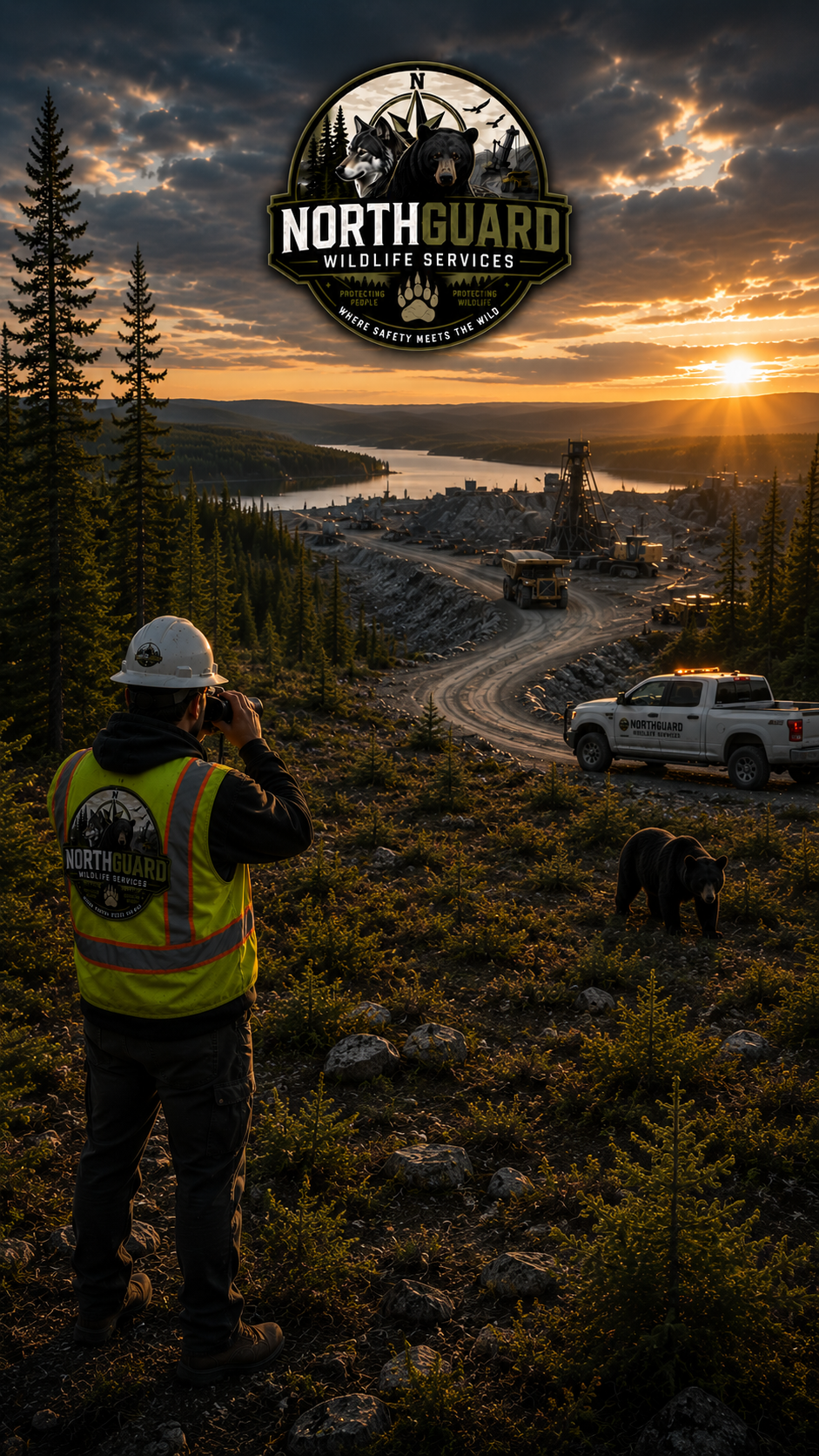 A wildlife rescue worker wearing a vest with NorthGuard Wildlife Services logo using binoculars to observe a bear in a forested area at sunset. In the background, there is a dirt road with trucks and equipment, along with a NorthGuard vehicle.