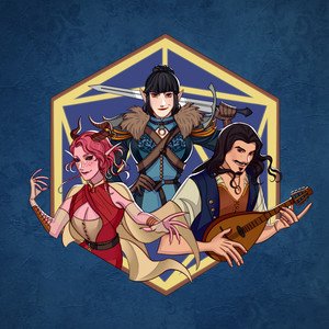 Three animated fantasy characters in front of a blue background with a hexagonal border. One woman has pink hair and a revealing outfit, a man has long dark hair and is playing a lute, and a third woman with dark hair and armor stands behind them.