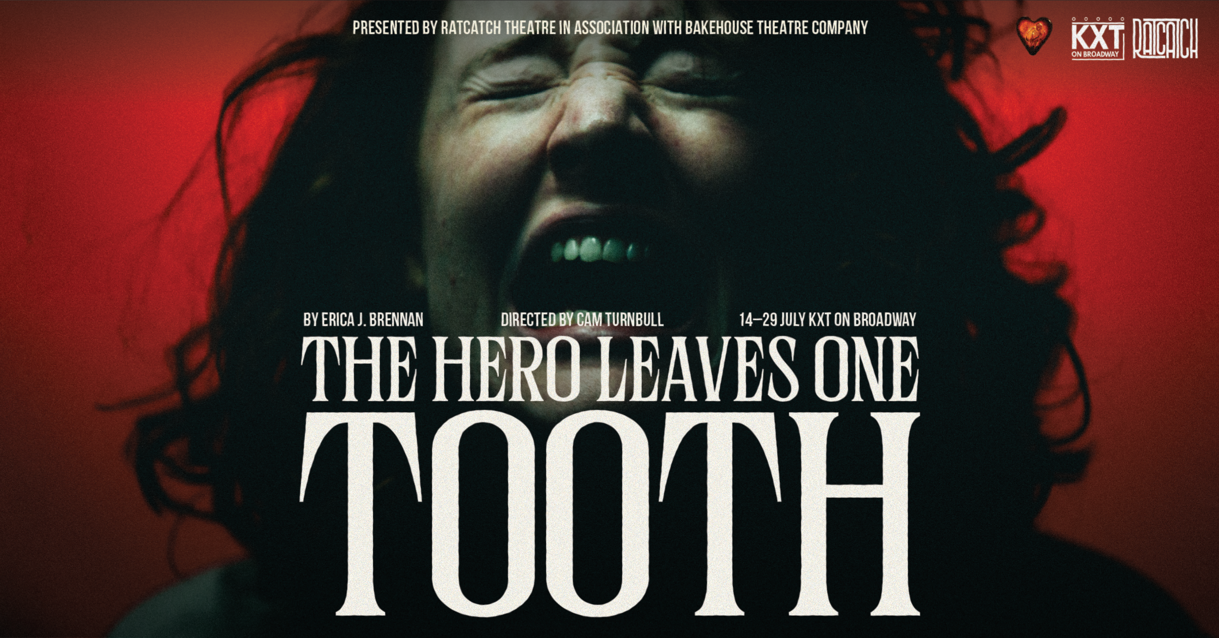 Close-up of a person's face with curly hair, eyes closed, expressing emotion, with a red background and overlaid text promoting a theatrical production titled 'The Hero Leaves One Footprint', directed by Cam Turnbull, performing July 14-29 on Broadway.